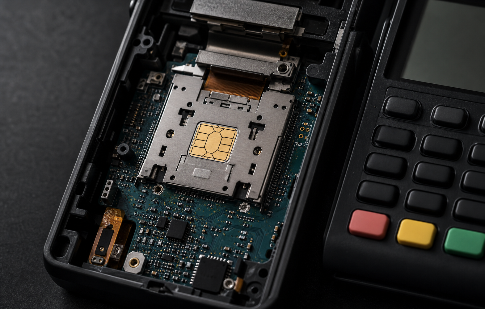 An opened payment terminal showing its card reader hardware and circuit board